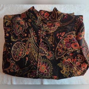 Notations Paisley Floral Zip-Front Top in Black, Burgundy and Mustard